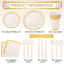 Ziliny 350 Pcs Ivory and Gold Foil Plates and Napkins, 50 Guest Spring Party Supplies Include Gold Foil Scalloped Paper Plates Napkins Cups Plastic Spoons Forks Knives for Birthday Baby Shower
