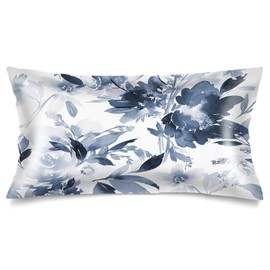 Silk Satin Pillowcase for Hair and Skin,Flowers Long Pillow Cover King Size Pillowcases Envelope Closure,Navy Watercolor Flower Pillow Covers Boho Floral Soft Bed Cushion Covers for Sleeping,20"x40"