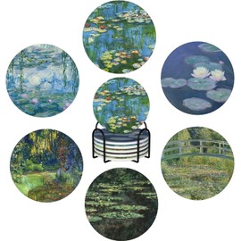 GERLNF Absorbent Ceramic Coasters for Drinks with Cork Base Art Coasters Set of 6 - Use 6 Famous Paintings, Unique Housewarming Gifts for Home Decorative (Round - Claude Monet - 2)
