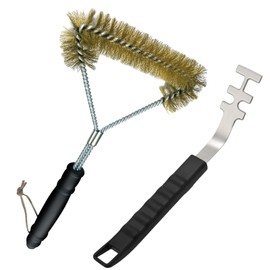 Grillrostheber, 2 Stück hitzebeständige Grillrostheber + Grillbürste Dreiseitige, Anti-Verbrühung Grillrost Heber Werkzeug Edelstahl-Grillgitter-Abzieher BBQ Werkzeuge Zubehör für Camping