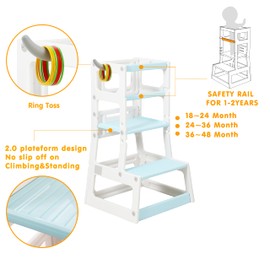 SDADI Adjustable Height Kids Kitchen Step Stool with Removable Safety Rails and Anti-Slip Protection- Toddler Standing Tower with with Ring Toss for Learning and Playing (Beige and Blue)