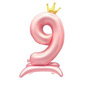 42 Inch Standing Pink Number 9 Balloons With Crown, 9th Birthday Decorations for Girls, Birthday Party Supplies, 9th Birthday Balloons. (Pink 9)