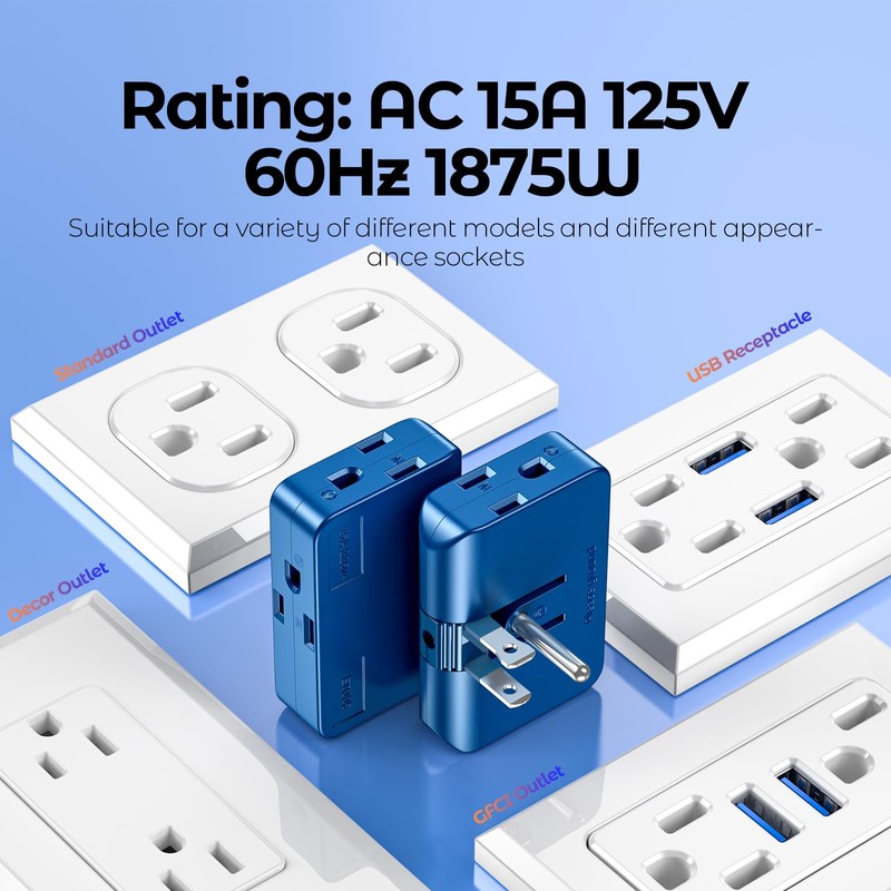 2-Pack Blue Outlet Splitter with 3 Prong Plug Extender -
