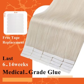 Full Shine Tape in Hair Extensions Remy Human Hair White Blonde Hair Extensions 20Inch Straight Extensions Human Hair Natural Blonde Adhesive Tape ins 20Pieces 50Grams