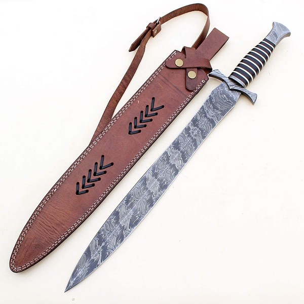 Handmade Damascus Sword | Damascus Viking Sword with Leather Sheath
