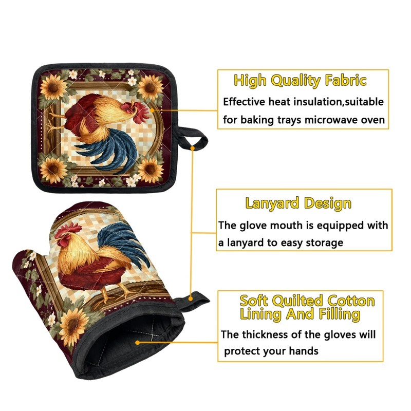 Biyejit Sunflower and Rooster Oven Mitts and Pot Holder Set