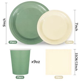 Whaline 100Pcs Ivory Sage Green Tableware Set Wedding Disposable Dinnerware 50Pcs Paper Plates 25Pcs Napkin 25Pcs Cups For Birthday Party Supplies Table Decor