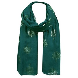 World of Shawls Silver Foil Mulberry Tree Print Fashion Scarf (Teal Green)