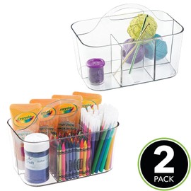 mDesign Plastic Portable Craft Storage Organizer Caddy Tote, Divided Basket Bin with Handle for Crafts, Sewing, Art Supplies - Holds Brushes, Colored Pencils - Lumiere Collection - 2 Pack - Clear