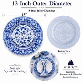 osgevei Blue Charger Plates Set of 12-13in Heavy Duty Chargers for Dinner Plates- Round Plastic Plate Chargers w/Porcelain Floral- Table Chargers for Wedding, Party, Banquets, Holidays