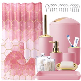 Pink Bathroom Set with Shower Curtain and Rugs 25Pcs Complete -Trash Can, Soap Dispenser, Soap Dish, Toilet Brush, Toothbrush Holder, Tumbler Cup, Tray, Q-Tip Canisters, Hooks