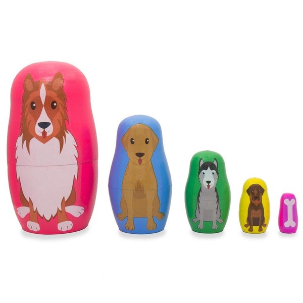 BestPysanky Dogs and Puppies with Bone Animal Wooden Nesting Dolls 4.75 Inches