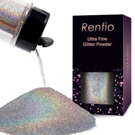 Renfio Holographic Ultra Fine Glitter Powder Metallic Resin Glitter 1.75 Oz (50g) PET Flakes Crafts Sequins 1/128" 0.008" 0.2mm Epoxy Chips Flakes for Tumblers Slime - Laser Silver