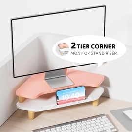 AFOOYO Monitor Stand Riser,2 Tier Corner Wood Monitor Stand Sturdy Computer Stand Multi-Purpose Desktop Storage Stand for Laptop,PC,iMac,Printer,Computer,Pink