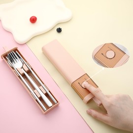 DEVICO Travel Utensils with Case, 18/8 Stainless Steel Reusable Silverware Set for Lunch Box, Portable Cutlery Set, Fork and Spoon Set for Camping, Lunch, Picnic, Workplace, School (Pink)