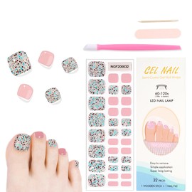 WOKOTO Semi Cured Gel Nail Strips For Toenails, 16 Size 32 Tips Pink & Iridescent Glitter design Toe Nail Polish Strips With Nail File & Wooden Stick, Works With Lamps, Salon-Quality, Long Lasting