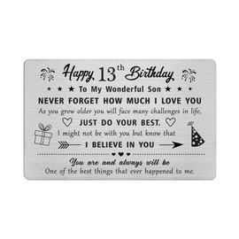 FALOGI Son 13th Birthday Card, Birthday Gifts Card for 13 Year Old Son, Metal Engraved Wallet Card