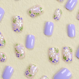 OCOUYVD Flower Press on Nails Extra Short Purple Fake Nails Spring Floral Designs False Nail Square Full Cover Stick on Acrylic Nail Glue on Nails for Women DIY Art Decoration 24 Pcs