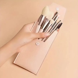 8Pcs Beige Makeup Brush Set Foundation Blush Eyeshadow Lip Brushes Make Up Case, Mini Size Easy to Carry for Travel, Nightout
