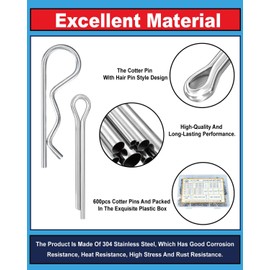600 Pcs Cotter Pins Assortment Kit - 31 Sizes Hardware Pins Set 304 Stainless Steel Hitch Pin Clip Small Carter Pins Used for Automotive, Trailer Hitch,Lawn Mower