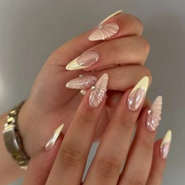 Yellow French Tip Press on Nails Medium Almond Fake Nails with 3D Water Ripple Rhinestones Design Stick on Nails Pink False Nails Full Cover Acrylic Glue on Nail for Women Manicure 24Pcs