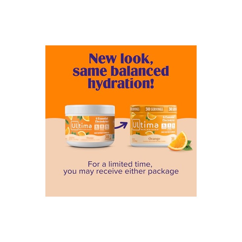 Ultima Replenisher Electrolyte Powder 30 Serving Canister, Orange, 3.6 Ounce