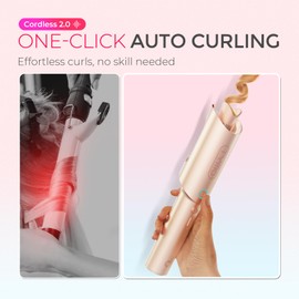 TYMO Cordless Automatic Curling Iron - TYMO CurlGo 1 Inch Beach Waves Rotating Curling Wand, Dual Voltage & Rechargeable Portable Hair Curler for Travel, Safe & Tangle-Free, Gold Blush
