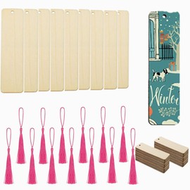 Wanfoou 100 Pieces Wooden Bookmarks Blank Set: 50 Wooden Bookmarks + 50 Colourful Tassels Blank Wooden Bookmarks as Wooden Hanging Tags, Wooden Bookmark Blank with Hole for Books DIY Crafts