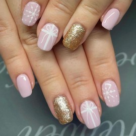 24 Pcs Christmas Press On Nails Short Square - ZIFANHU Glossy Light Purple Fake Nails Press Ons Nail Art Tips Snowflake Gift Box Design Full Cover Glitter False Nails Acrylic Glue on Nails for Women