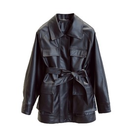 LY VAREY LIN Women Faux Leather Belted Shirt Jacket Lapel Blazer Coat with Bust Pocket