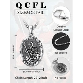 QCFL Black Saint St Christopher Medal Necklace for Men Sterling Silver Saint Christopher Pendant Necklace Birthday Religious Baptism Gifts for Men Husband Father Driver Traveler Boyfriend Him
