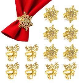 Christmas Gold Napkin Rings Set of 12 Snowflake Reindeer Shapes Metal Ring for Christmas Thanksgiving Napkins Cloth Winter Holiday Dinner Table Decorations