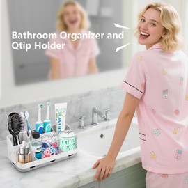 GFWARE Bathroom Toothbrush Holder Set with 2 Pack Qtip Holder Dispenser - Detachable 7 Slots Bathroom Accessory Set, Kids Marble Bathroom Sink Counter Set, Bathroom Essentials Decor, Grey