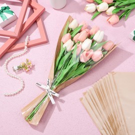 NUOBESTY Flower Packing Bags Bouquet Wrapping Paper with Ribbon Clear Kraft Flower Sleeves Brown Wedding Graduation Teacher Birthday Present 17x11 Inch 40pcs