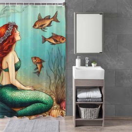 Zaueky Mermaid in The Sea Shower Curtain Fish Seaweed Oil Painting Shell Beauty 100% Polyester Bathroom Decor Set with 12 Hooks Rust - Proof Metal Buttonhole (60×72 Inch)