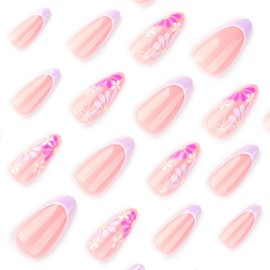 24 Pcs Spring Press on Nails Short Almond Nail Tips,YEFIUO Pink Fake Nails Press ons Mauve French Glue on Nails Acrylic Nail Art Kit Full Cover False Nails with Colorful Small Flowers Design for Ma'am