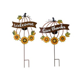 K KILIPES Solar Metal Pumpkin Garden Stake, Fall Welcome Yard Sign with Sunflowers, Rustic Autumn Yard Decor for Garden, Lawn, Patio Thanksgiving Harvest Decoration (26.6" H/23.7" H)