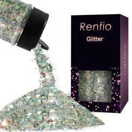 Renfio Opal Chunky Glitter, 1.75oz/50g Black Glitter, Dreamy High Sparkle Glitter for Crafts Holographic Fine Glitter Mix Iridescent Glitters Flake for Resin Nails Art Hair DIY Snow - Shining Night