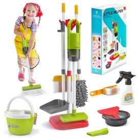 14Pcs Kids Cleaning Toy Set, Toddler Cleaning Set with 2 in 1 Kids Vacuum That Really Works, Mop, Broom & Dustpan, Pretend Play Home Cleaning Playset for Boys & Girls Ages 3+ (Red)