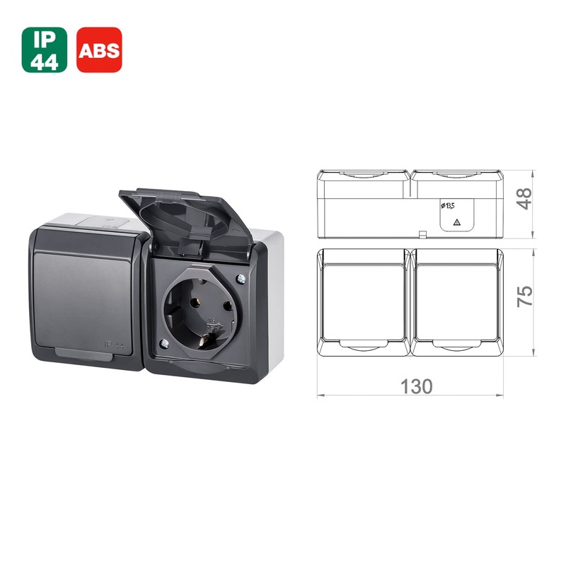 ELEKTRO-PLAST HERMES 2-Way Double Surface-Mounted Socket IP44 Waterproof Anthracite Grey