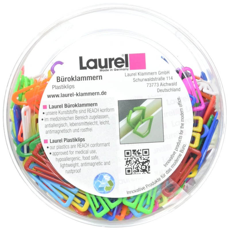 Laurel Plastiklips Reusable & Recyclable Paperclips - Assorted 25mm Tub