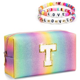 Freesya Initial Cosmetic Bag for Girls Kids Women, Preppy Makeup Bag with Zipper, Monogrammed Birthday Gifts for Preteens Teens, Cute Things for Daughter Granddaughter Friends Sister Neighbor (Medium)