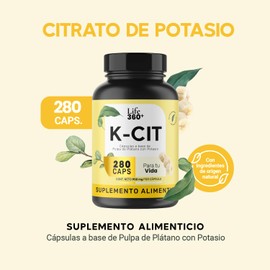 Citrato de Potasio 280 Cápsulas | Potasio y Pulpa de Plátano | Suplemento Alimenticio para 70 Días | LIFE 360+ Potassium Citrate K-CIT