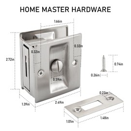 HOME MASTER HARDWARE Privacy Pocket Door Lock Hardware with Pull Replace Old Sliding Door Locks/Solid Brass Pocket Door Privacy Lock 2-3/4”x2-1/2”, for 1-3/8” Thickness Door, Brushed Nickel -1 Pack