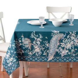 Maison d' Hermine Premium Table Cloth Rectangle Table 100% Combed Cotton 140 x 70 Inches Tablecloth Reusable Decorative for Dining Room, Farmhouse, Party, Festive & Wedding - Peacock Utopia - Deep Sea