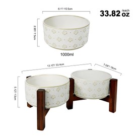 Zofylux Ceramic Dog Bowl Weighted Pet Raised Bowls Set with Acacia Wood Stand,Food and Water Bowl for Small, Medium and Large Sized Dogs and Cats,Double 1000ML Bowls
