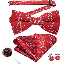 Dubulle Mens Christmas Pre Tied Bow Ties and Lapel Pin Festival Pattern Handkerchief Cufflinks Bowties for Men,Reds