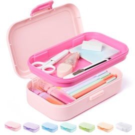 Sooez Double Layer Pencil Box, Plastic Pencil Case with Latch, Hard School Supply Box for Girls Boys Kids, Large Crayon Marker Pen Holder with Stickers, Cute Art Storage Organizer, 1 Pack, Pink