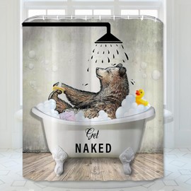 Abaysto Funny Brown Bear Get Naked Shower Curtain, Fun Cute Wild Animal in Bathtub Shower Curtain Sets for Kids, Rustic Farmhouse Woodland Barn Shower Curtain Shower Curtains Set Retro Bathroom Decor