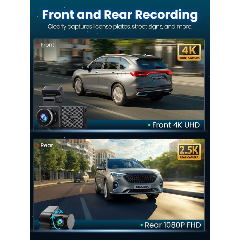 TINAZEOK Dash Cam Front and Rear 4K+2.5K, 5GHz WiFi GPS,